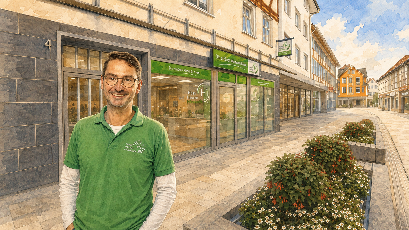 Jens Weissmüller vor dem Fachgeschäft von Hess Häusler Hörakustik in Hofgeismar